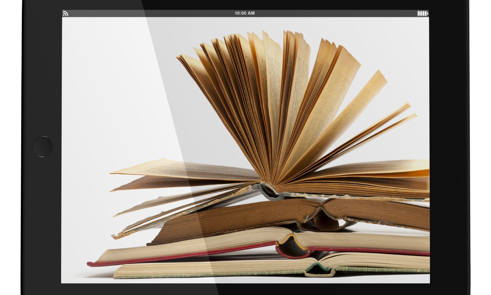 Books 4 books stacked on top of each other, the top book is open, the pages are spreading out in an upward direction